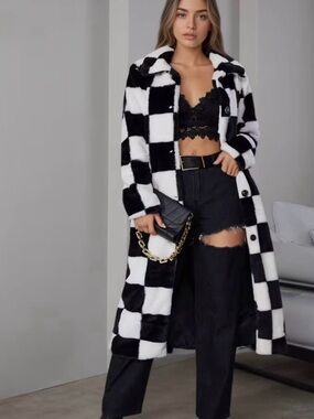 Black & White Check Long Faux Fur Coat - Women